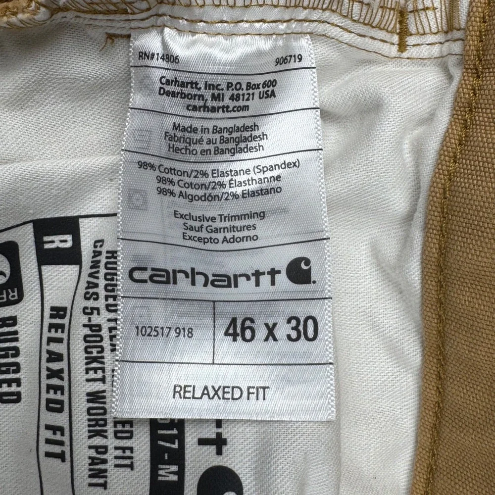 Carhartt Relaxed Fit Work Pants 46x30 Tan Canvas Rugged Flex BN2517-M Brown